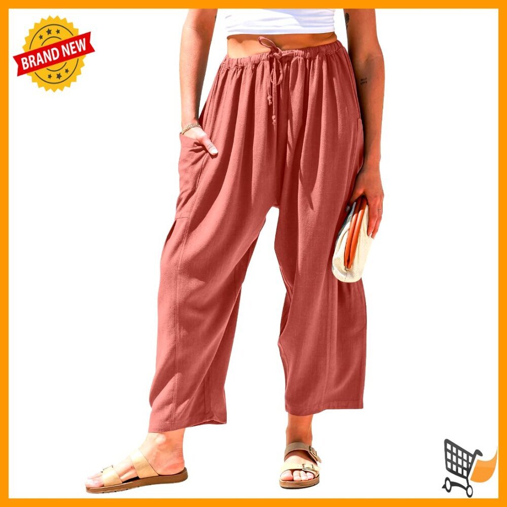 Wide Leg Linen Pants with Pockets, Drawstring Waist, Summer Casual